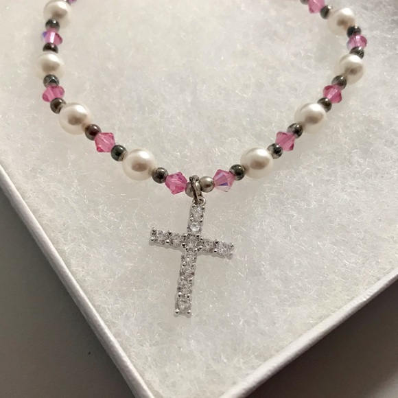 First Communion / Flower Girl Rhinestone Pearl Cross Pendant Necklace - Picture 1 of 7
